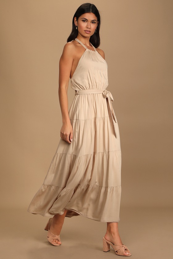 Beige Maxi Dress - Halter Dress - Tiered Dress - Belted Dress - Lulus